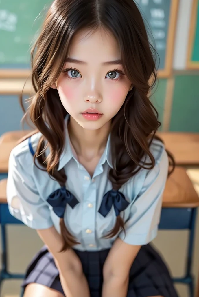 (1 young woman), (very detailed Beau visage), Un visage et des yeux incroyables, (best quality:1.7), (ultra-detailed), (Background&#39;Extremely detailed CG unified 8k display), very detailed, Raw high-definition color photos, photographie professionnelle, Realistic portrait, Un visage et des yeux incroyables, Yeux roses, (school uniform, Mini-jupe plissée:1.3), (Tops with wide open breasts:1.7), Twintails, brown-hair, model, (((bokeh))), profondeur de champs, school, Classroom, (squat:1.7), (transparent lace panties:1.7), View of&#39;down