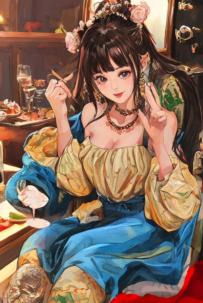Anime girl, female, 29 years old, brunette hair color with braided, beautiful green eyes, wear long red dress and embroidered with beautiful gold sequins, wear gold crown with garnet geme, cup G, castle background