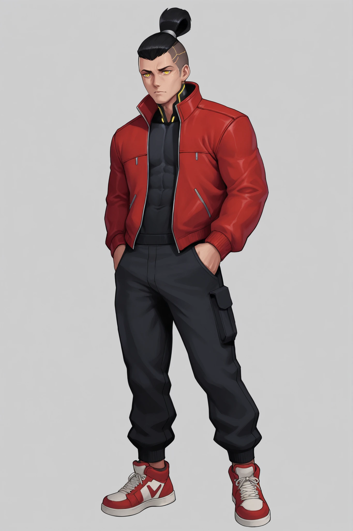 Male, athletic, cyberpunk, top knot black haircut, red leather jacket, sport black joggers, full body, simple background, yellow eyes, red sneakers, badass