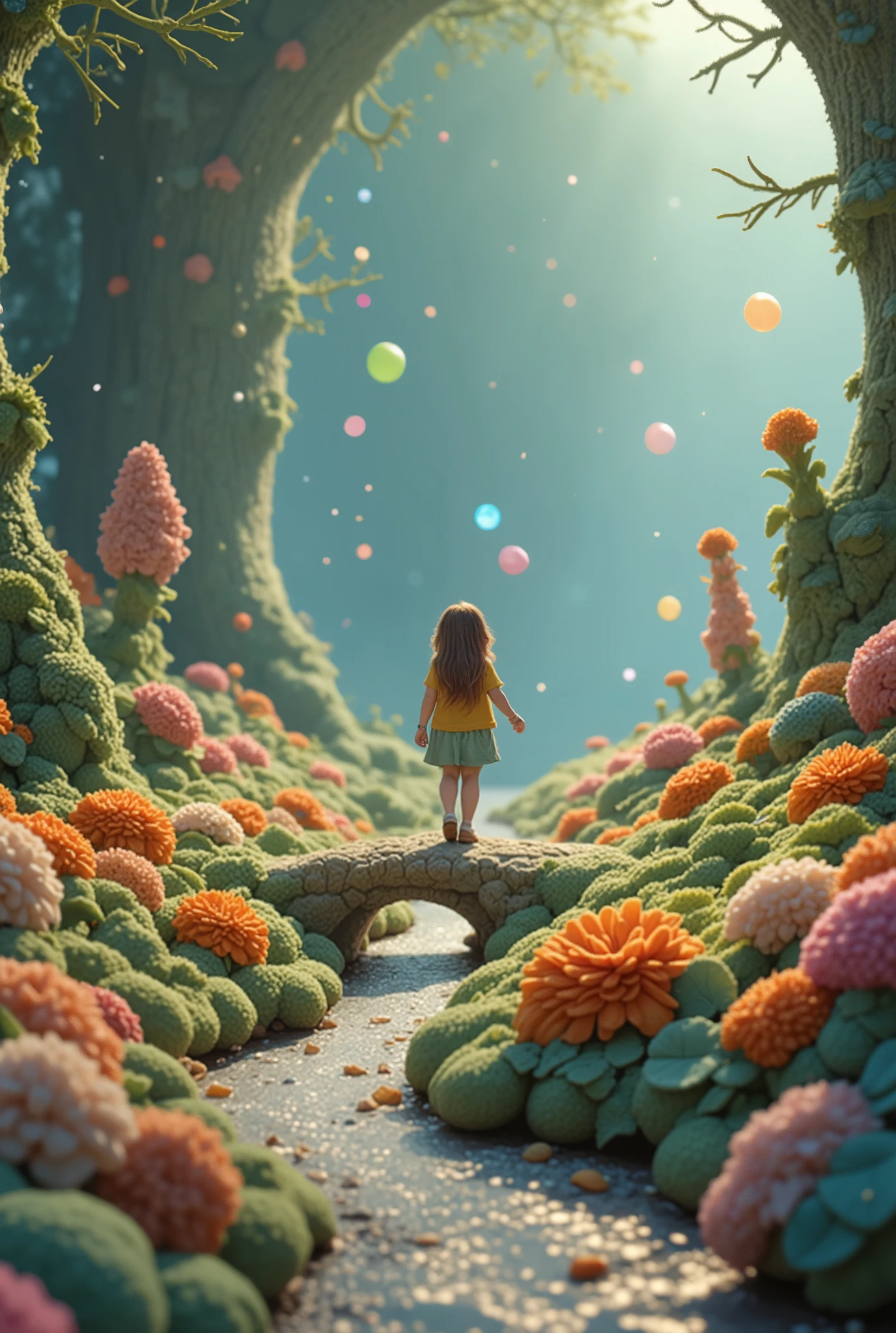 (best quality, ultra-detailed, 8k resolution, macro photography style, photo realistic textures, cinematic depth of field, shallow focus), fantastical microscopic world, vibrant alien flora and crystalline structures, translucent fungal towers, glowing spores floating in liquid air, iridescent pollen orbs, tiny insect-like creatures with jewel-toned wings, organic bridges made of filament strands, softly pulsing bio luminescent plants, spore clouds drifting like mist, surreal color palette (neon green, aqua blue, pastel pink, amber), micro-castles grown from coral-like tissues, cell membrane walls with intricate fractal patterns, micro-rivers flowing with glowing liquid, atmospheric particles suspended in fluid, whimsical microscopic architecture, ((Fantasy style miniature buildings with a girl exploring them))
