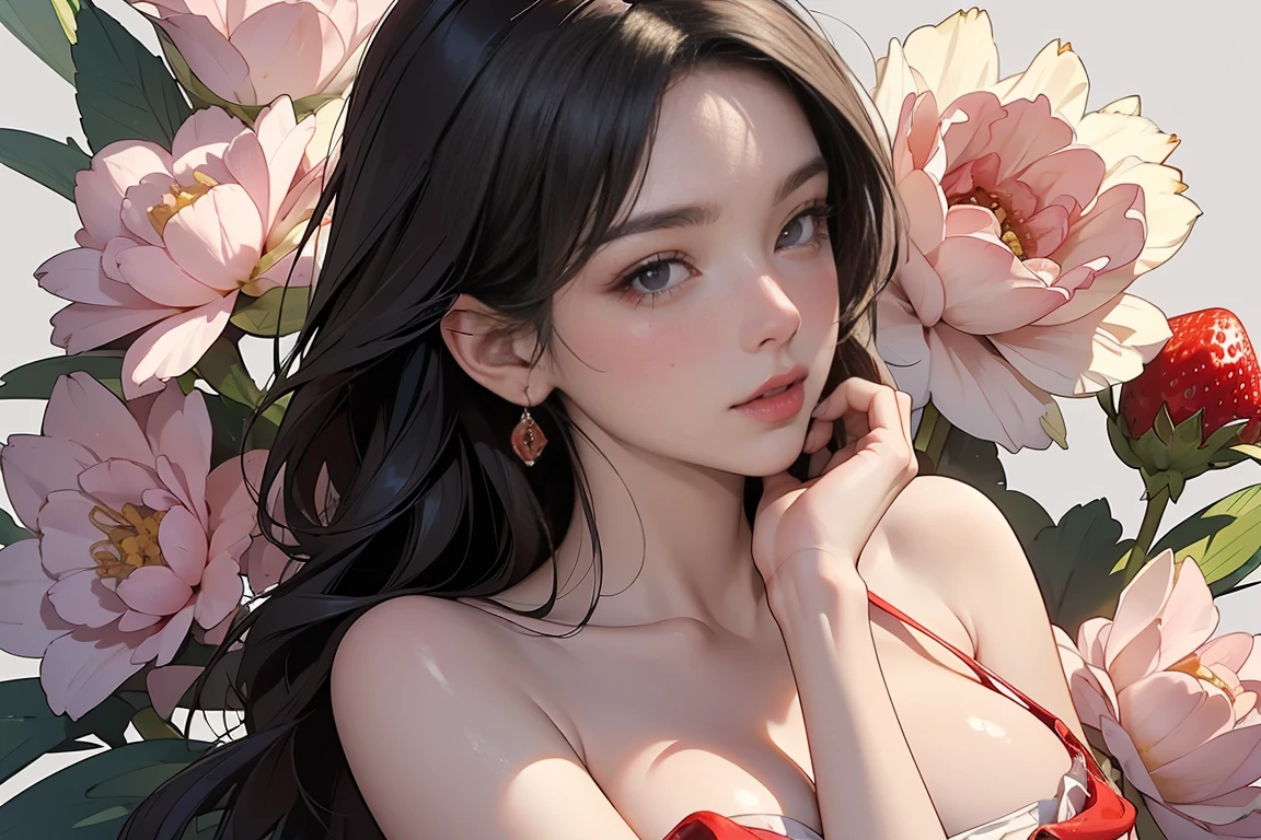 masterpiece,best quality,absurdres,original,extremely delicate and beautiful,beautiful detailed eyes and face,1girl, black hair, flower, japanese clothes, looking at viewer, red flower, solo, (shiny skin),(masterpiece:1.4),(best quality:1.4),realistic,fashi-girl,milf,mature female,smile,parted lips,red lips