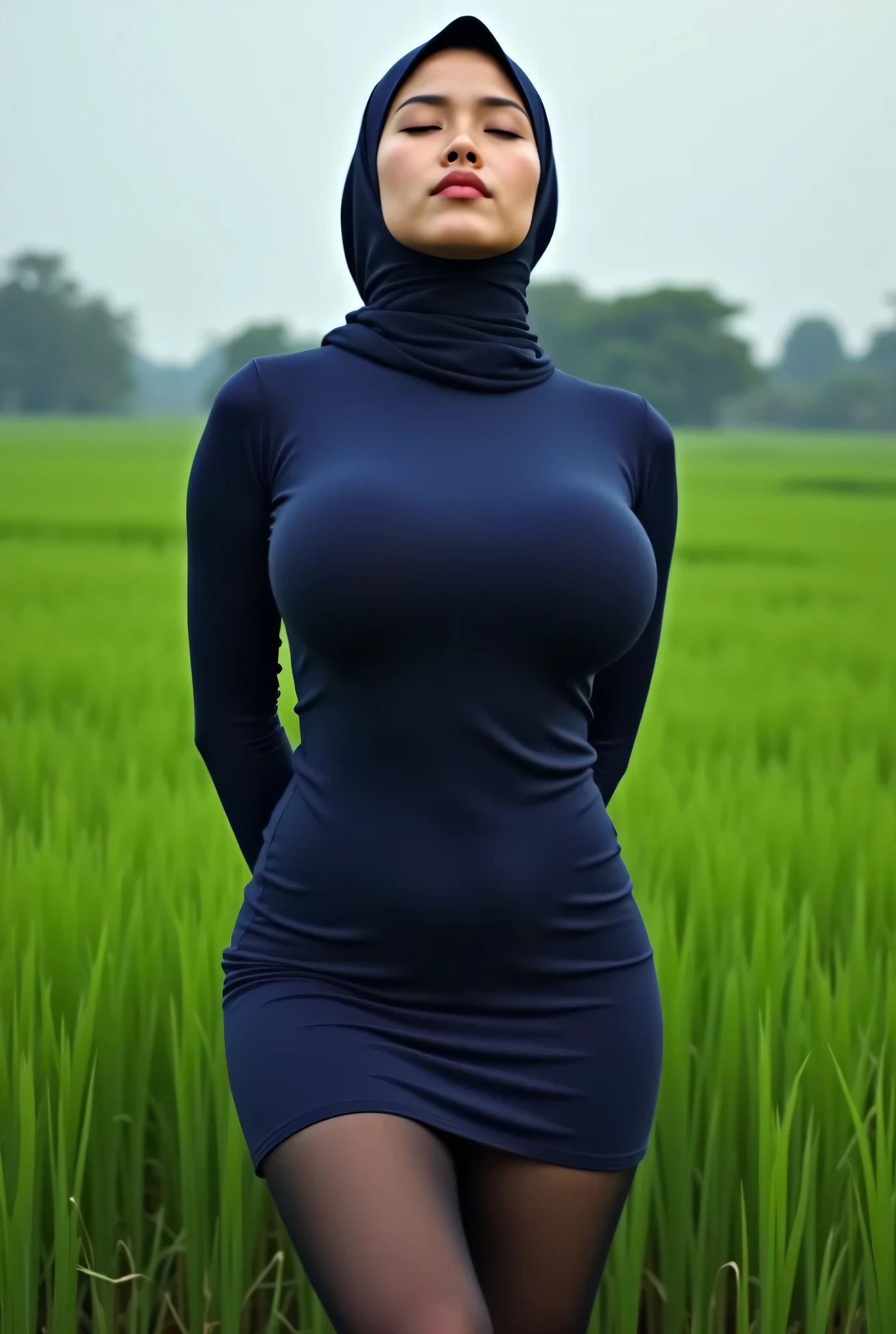 (Huge Bursting), ((bitting her lower lip while closing her eyes, furrowed his eyebrows, face facing upwards)), Tetek besar melayut, (Shiny Breasts:3.24), Skinny hijab skinny hijab skinny hijab skinny hijab, (photorealistic:1.6) Indonesian hijab skinny dry aunty wear bra and (mini tiny tights Hotpants), Green background rice paddy. daytime atmosphere, don't put any rope! flat chest!, duduk di atas kerusi kaca, hands behind back while legs astride, Look from the front you are stupid!, wearing Detailed Fully Dark Blue net tight dress very large breasts (Spread legs:3.33) just focus front view & unvisible my fingers