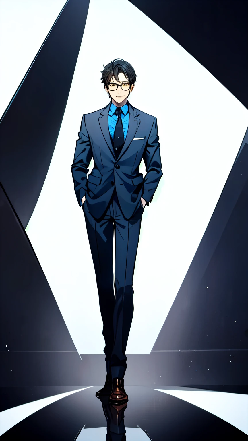 (Best Quality, Detailed, Adult, Mature), (Full Body, Perfect Hands, 1 Male), 1 Male, Solo, smile, Short hair, missy hair, bangs, black hair,brown eye,tinted eyewear,jacket,formal,gray suit,collared shirt,blue shirt,necktie,yellow necktie, black socks, leather shoes, ((White Background)),