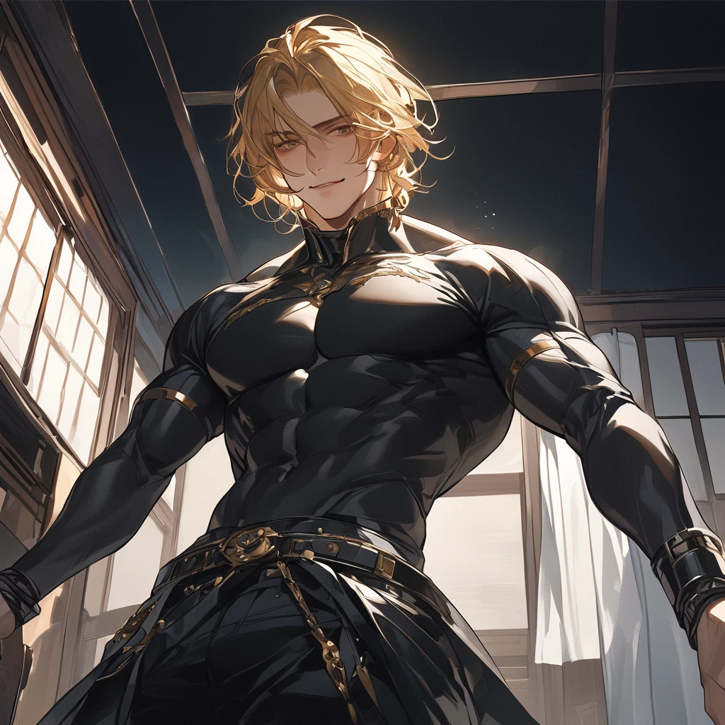 1 child,Alone,male focus,cowboy photo,alhaitham,Grey hair,short hair,Ahoge,green eyes,hair over one eye,shirt,shirt negra,gloves,shirt sin mangas,pants,standing, Pectorals,toned man,looking at the viewer , playa.