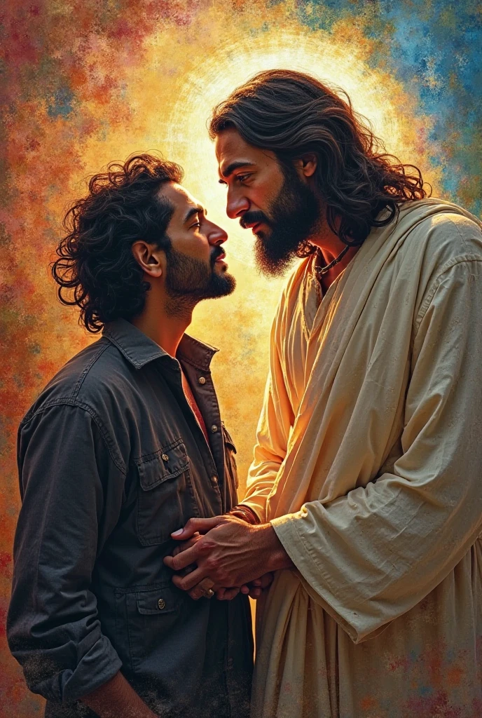 He acts like an expert cartoonist and I need an image of JESUS WITHOUT A CROWN WITHOUT A HALO JESUS AS A HUMAN PERSON HUGGING A REAL PERSON