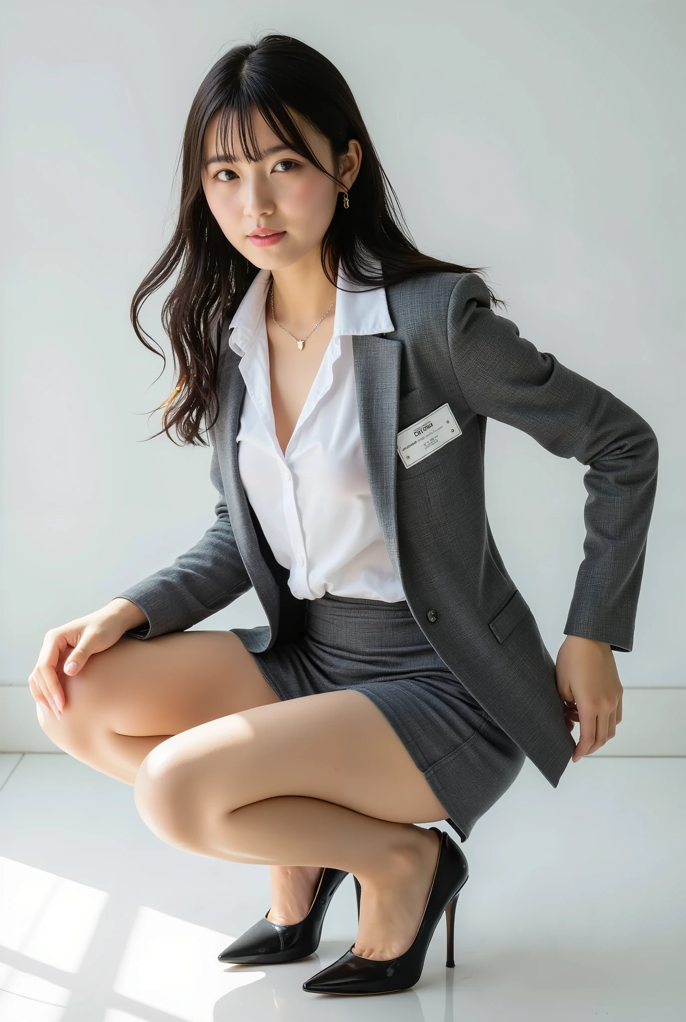Top Quality, Sleek long black hair , professional office lady with long dark hair, dynamic squat pose, detailed eye and skin texture, studio lighting for women, 30 years old, dark eyes, Elegant, medium breasts, plump lips, earrings, necklace for 1 person, Charcoal Tight Suit , white blouse, miniskirt, high heels, name tag, long sleeve, slight motion blur , light motion blur, side profile view, Composed, concentrated expression of the procedure, cowboy shot angle, full body