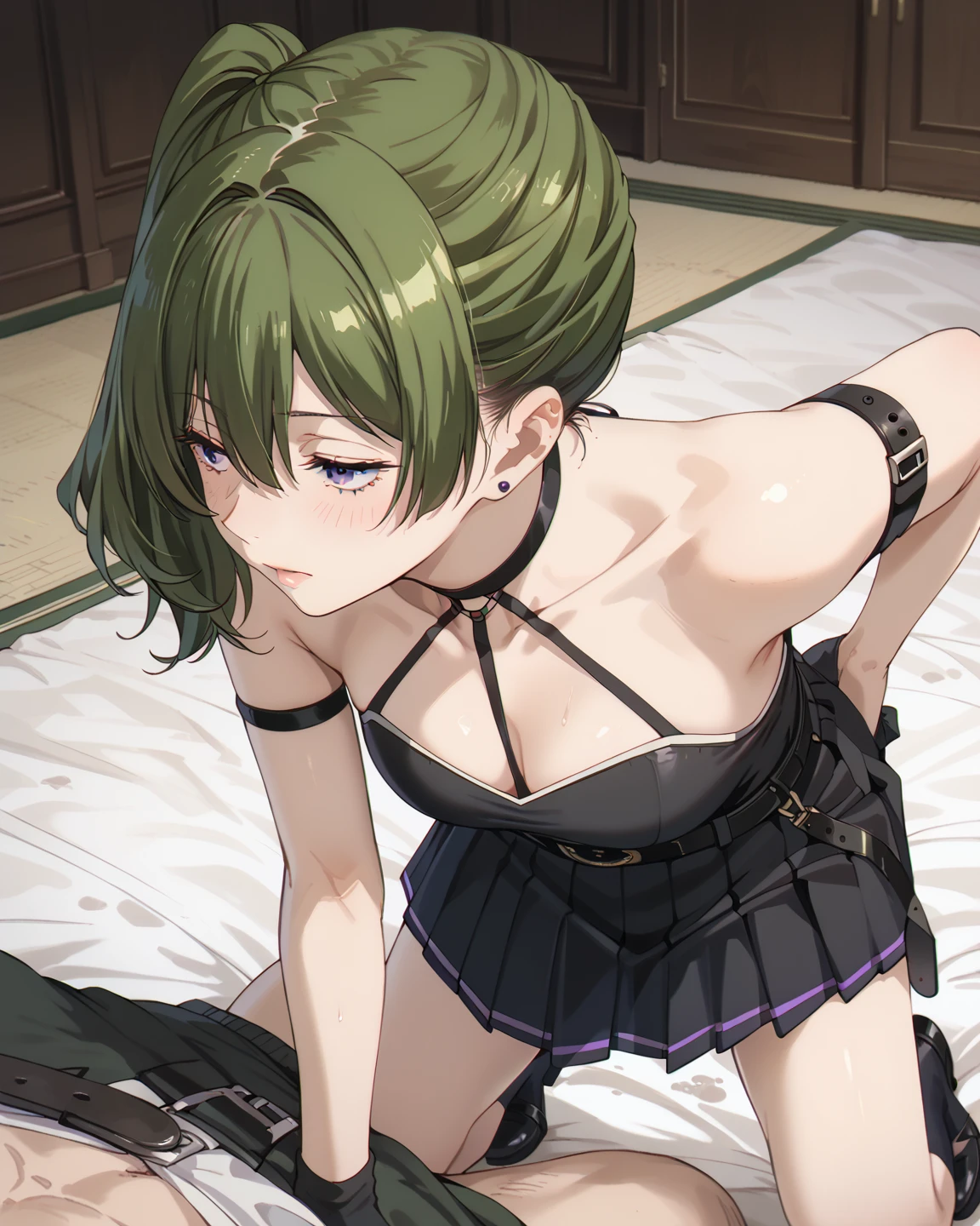 1girl,solo focus,arms behind back,hair ornament,bangs,blush,saliva,drooling,,,panties,frogtie,underwear,pantyhose, juice, juice drip through clothes,femdom,bdsm,(black blindfold,ball gag,gagged:1.2),(object insertion,sex toy:1.2),rope,bondage,bound,restrained,shibari,shibari over clothes,bound wrists,bound ankles,bound arms,bound legs,bound wrists,box tie,breast bondage,crotch rope,skindentation,purple hair,
