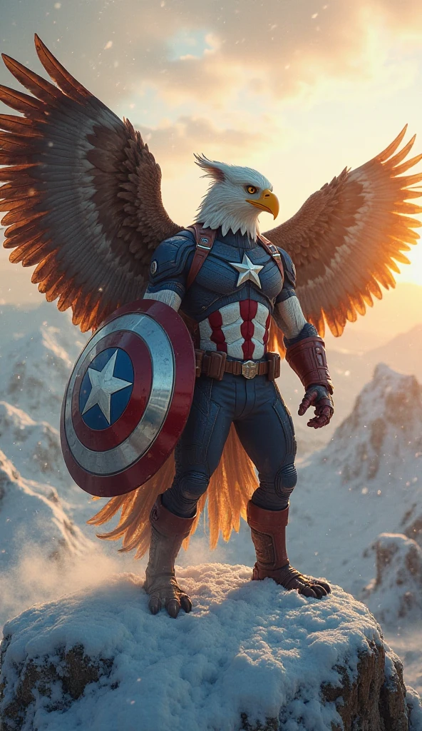 The avian version of Captain America with the face of an eagle has an athletic body with visible muscles. His face features a sharp beak and keen eyes that exude courage. Blue feathers wrap around his body, giving the impression that he's cutting through the wind swiftly. On his chest, the iconic Captain America shield logo is present, but with a distinctive eagle twist. He wears the classic Captain America costume, with a blue and white suit adorned with stars on the blue portion. His shield is crafted from a special material that combines the traditional shield with the majestic wingspan of an eagle. With a resolute and determined stance, he's ready to protect justice and freedom with unwavering spirit. Ultra realiatic.