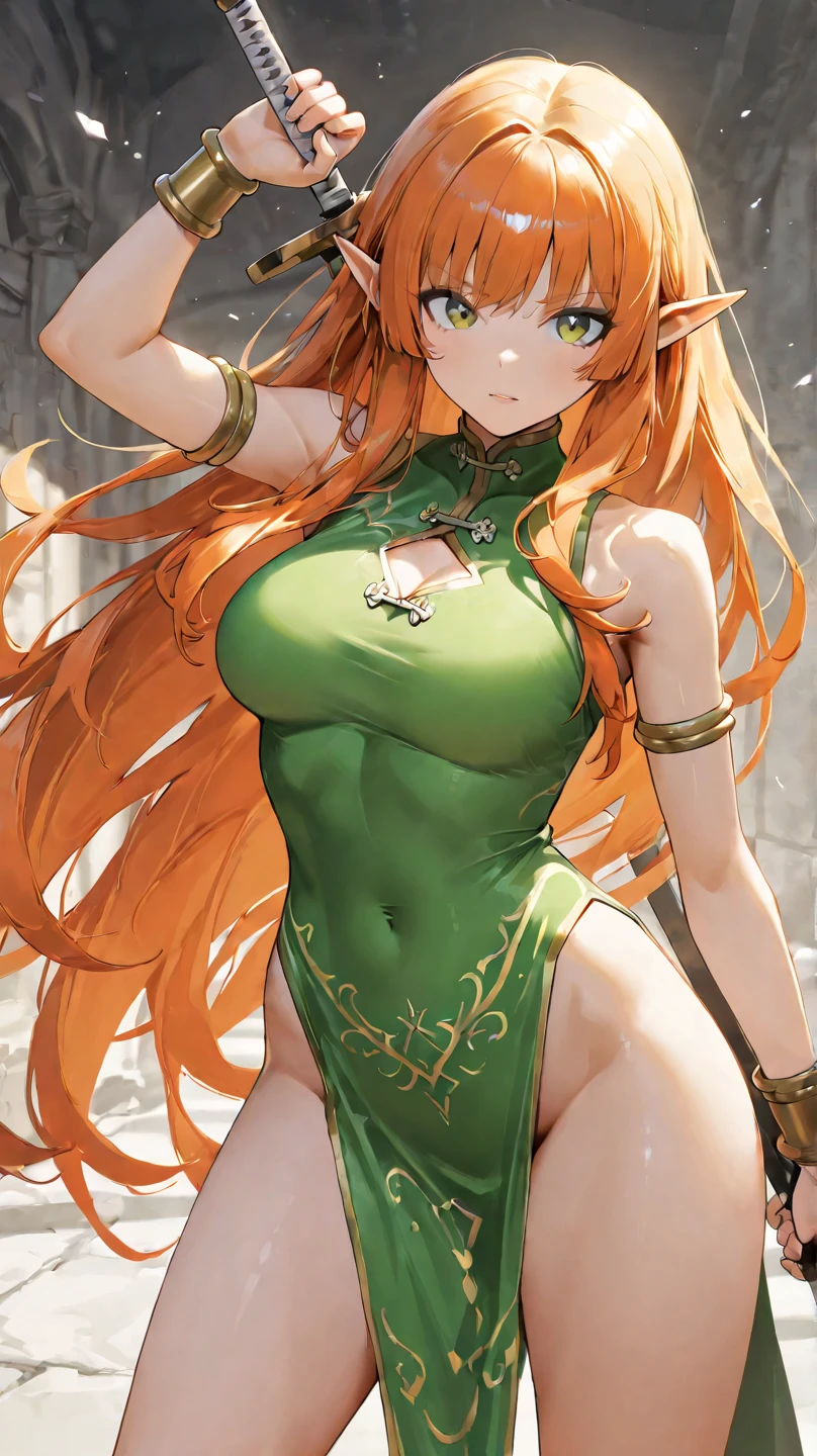 masterpiece, bset quality,detailed and clean eyes, big, hyperdimensional legend Lal, 1girl, emphasizing big, shiny skin, shiny big, 4k, female knight fighting brave monster, 1 girl,(red armor, red thong bikini、white cape、red wristband、red thighhighs、navel) , cleavage, constriction, (orange hair, long ponytail, bangs, green eyes), sword, stone wall dungeon, background blurred, sweat, blush, hair luster, bare shoulders, yellow choker, tentacle bound wrists, tentacle bound arms, tentacles, tentacles, tentacles, tentacles, vaginal,), (squatting, from below,m legs,spread legs),