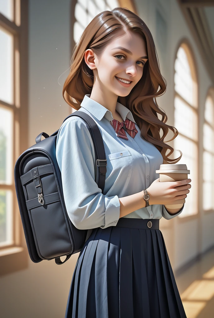 Masterpiece, hd, realistic, 1girl, blonde hair, y.o, princess, wear princess dress, pink dress, long Sleeve, wearing black school backpack, square backpack, standing, looking at window, light smile