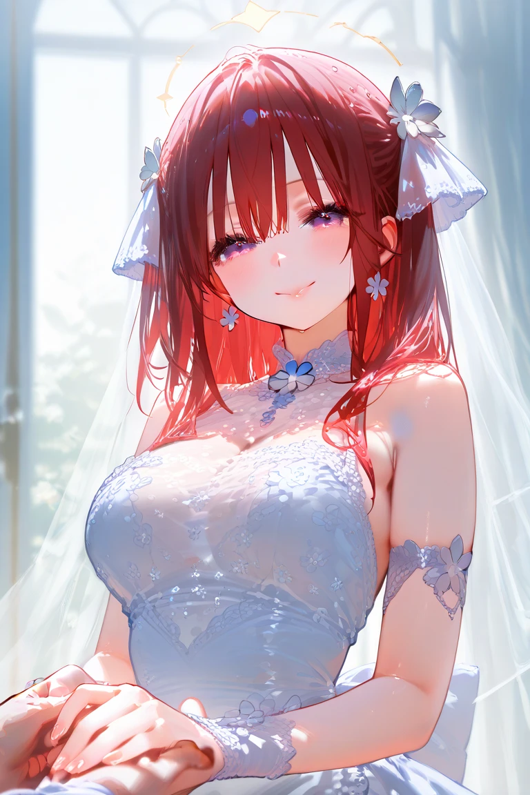1girl, masterpiece, highres, sonicedges_rias_gremory,long red hair, ((wedding dress, room, bridal lingerie, wedding theme))