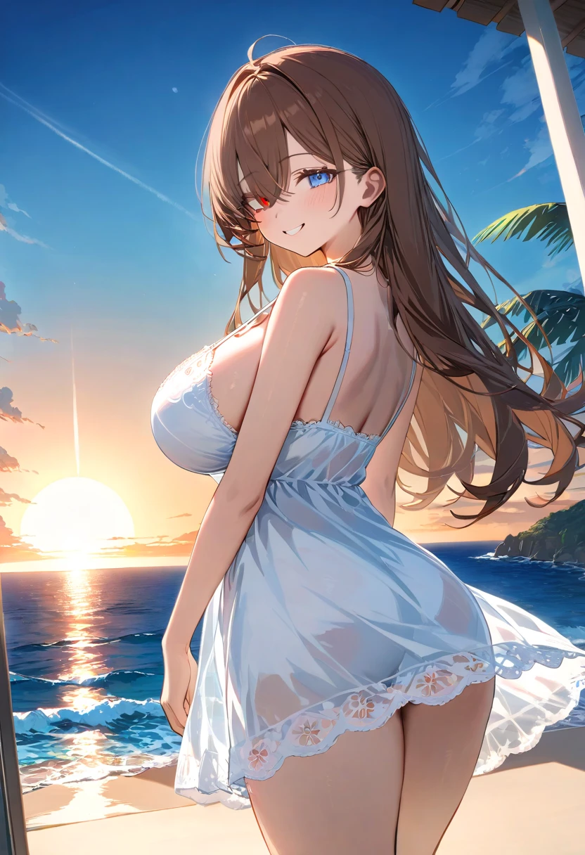 satin, silk, black, bra, (High quality, High resolution, Fine details), setting sun, Backlight, A straight stretch of railroad track, White Dress, White Hat, solo, curvy women, light brown hair, sparkling eyes, (Detailed eyes:1.2), smile, blush, Sweat, Oily skin, shallow depth of field, Fantastic