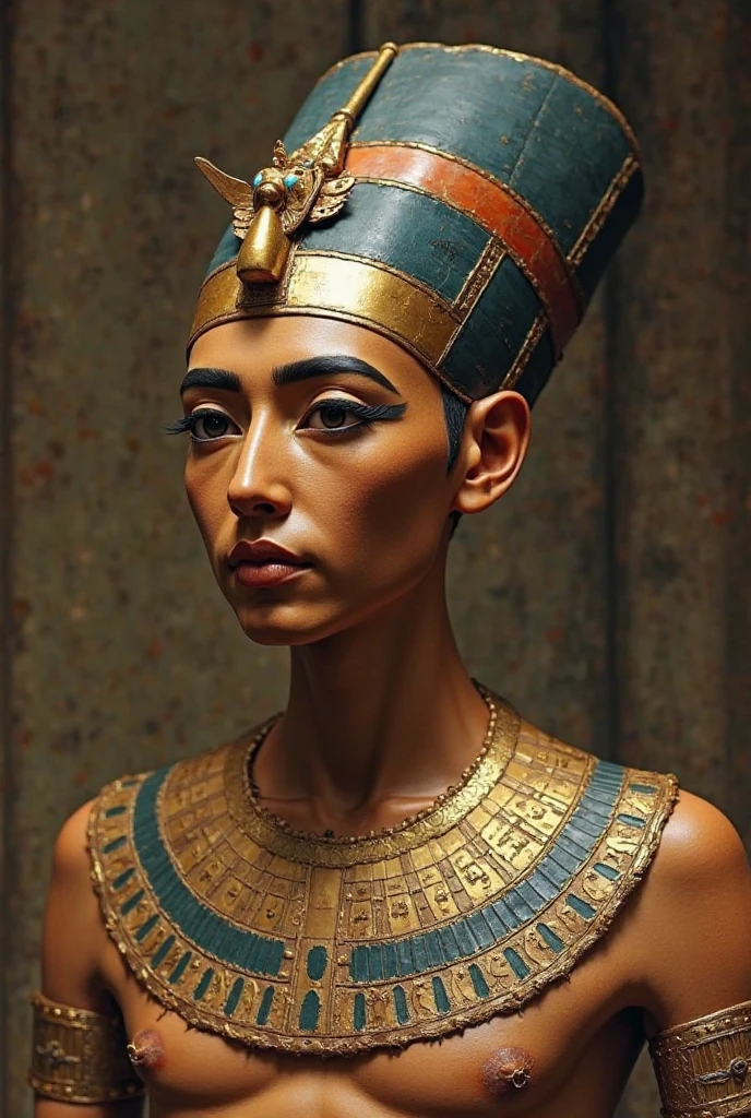 Tutankhamun**  
**1. Facial Structure:**  
- **Skull:** Elongated (dolichocephalic), broad and low, with a delicate bone structure.  
- **Forehead:** High and sloping, framed by thick, arched eyebrows (bushy in reconstructions).  
- **Eyes:** Almond-shaped, closely set, with a serene gaze. Dark kohl lines (as seen in art).  
- **Nose:** Wide, aquiline (hooked), prominent bridge.  
- **Mouth:** Broad, with a thin upper lip and **protruding front incisors** (overbite/buckteeth).  
- **Chin:** Narrow but softened by youth; less pronounced than in his golden mask.  

**2. Body:**  
- **Build:** Slight, almost frail (5’6”/167 cm), with **narrow shoulders** and **twisted hips** (likely from genetic disorders).  
- **Chest:** Mild **gynecomastia** (enlarged breasts due to hormonal imbalance).  
- **Posture:** Slight limp (from Kohler disease/malaria).  

**3. Skin & Adornments:**  
- **Skin:** Golden-brown (typical of Egyptian nobility), with possible **pale patches** from chronic illness.  
- **Headdress:** Nemes headcloth (striped blue/gold) or a short wig, as depicted in statues.  
- **Jewelry:** Broad collar necklace, gold armbands, and a ceremonial dagger at his waist.  
