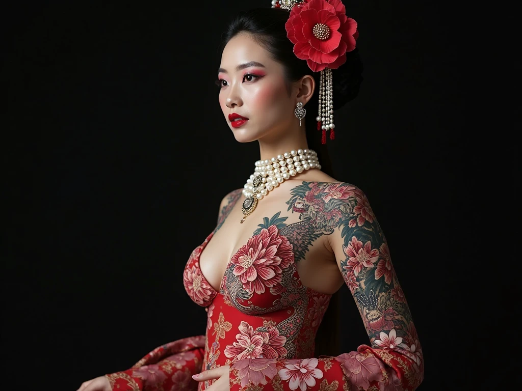 Create a beautiful geisha, a work of art, perfectly clear and expressive face, well-defined makeup, long black hair tied on top of the head, red flower in the hair detailed details, lock of hair on the face, (((a slender and beautiful, slightly tanned with tattoos on arms and legs in colorful designs))), red floral strappy dress on black satin falling over the legs, ((vibrant cyber neon environments, lantern lights, intricate typical Chinese neon designs on the ceiling and walls inside a typical Chinese restaurant)) UHD, 8k.