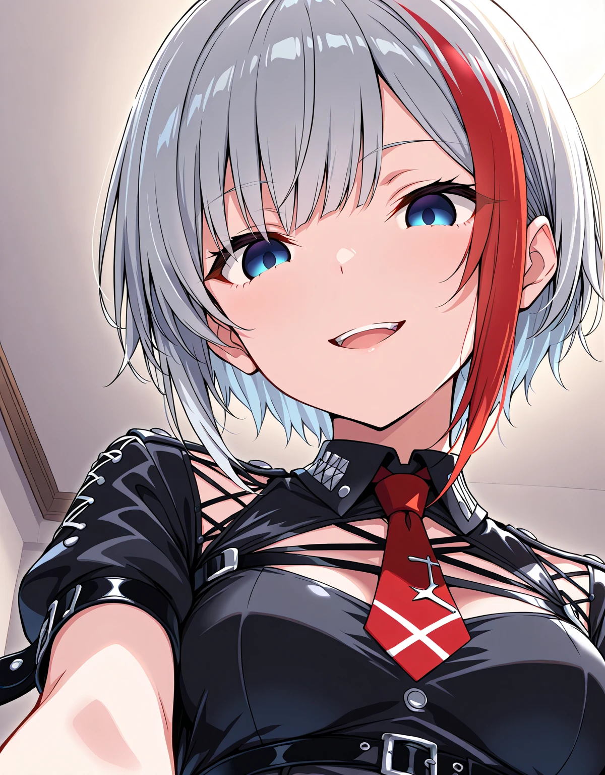 (kind_smile),(red lips:1.1),epic-Ultra-HD-details, epic-Ultra-HD-highlights, anime-upscaled-resolution,(realistic, photo-realistic:1.37), precise and realistic hair:1.1), beautiful detailed eyes, extremely detailed eyes and face, awardwinning, amazing details, super detail, best quality, 1080P, 8k, masterpiece(fullbody shot:3.0), 1girl, asymmetrical bangs, no underwear, (Mini tight sleeveless super short T-shirt,),(((breast cutoff))),glowing white hair,asymmetric bangs,(white short bobcut),(back side long single ponytails),(long single ponytail wafts to the chest),necktie between breasts, midlle breasts, Glowing, eyes, (bone devil horns:1.5), eye shadow, Eyeliner, devil tail, Black Halo, tattoo on breasts, hair strand, (((detail bones)))