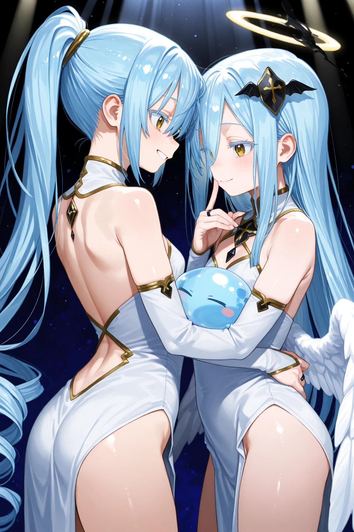 Multiple Valkyries with long, flowing BLUE hair are bathing in a celestial spring high in the heavens,(((Female genitalia))),((( pubic hair))),(((naked))),((back view)))