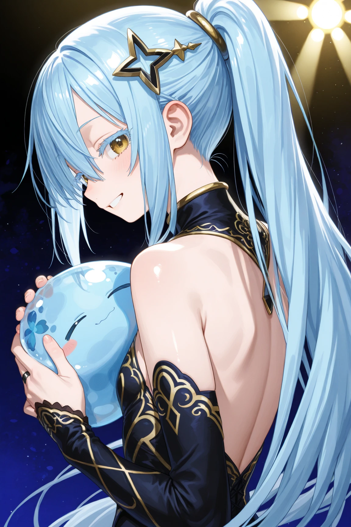 ((Highest quality)), ((masterpiece)), (detailed), (Perfect Face)、The woman is Extia and has semi-long blue hair.、The man is a handsome man with medium-long blonde hair.、Man and woman are hugging each other