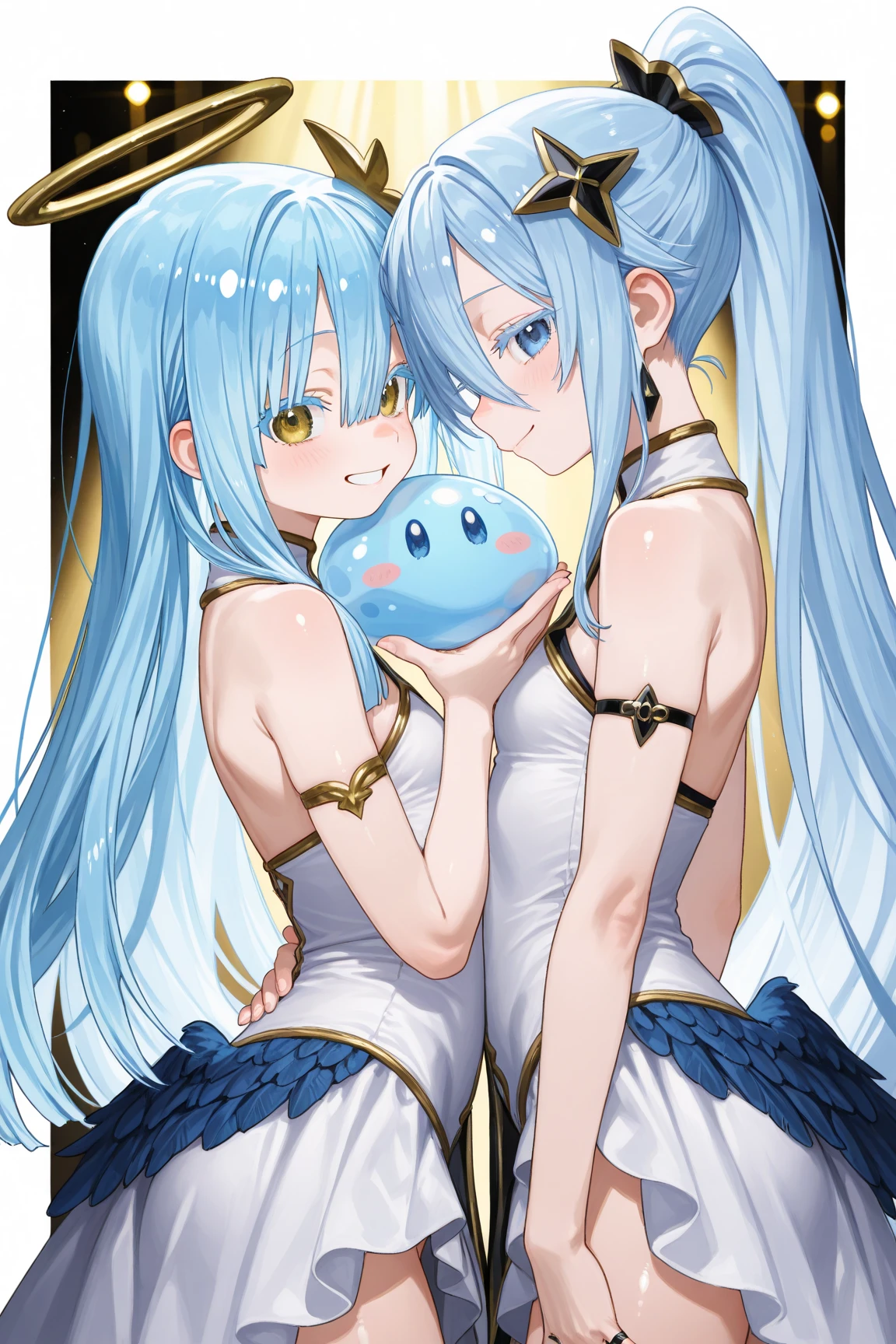 1girl, cowboy shot, 
 maid,  thighhighs,, masterpiece, best quality, highly detailed,((blue hair)),((frilled mini skirt)),white maid clothes,((evil smile)),((blue hair)),