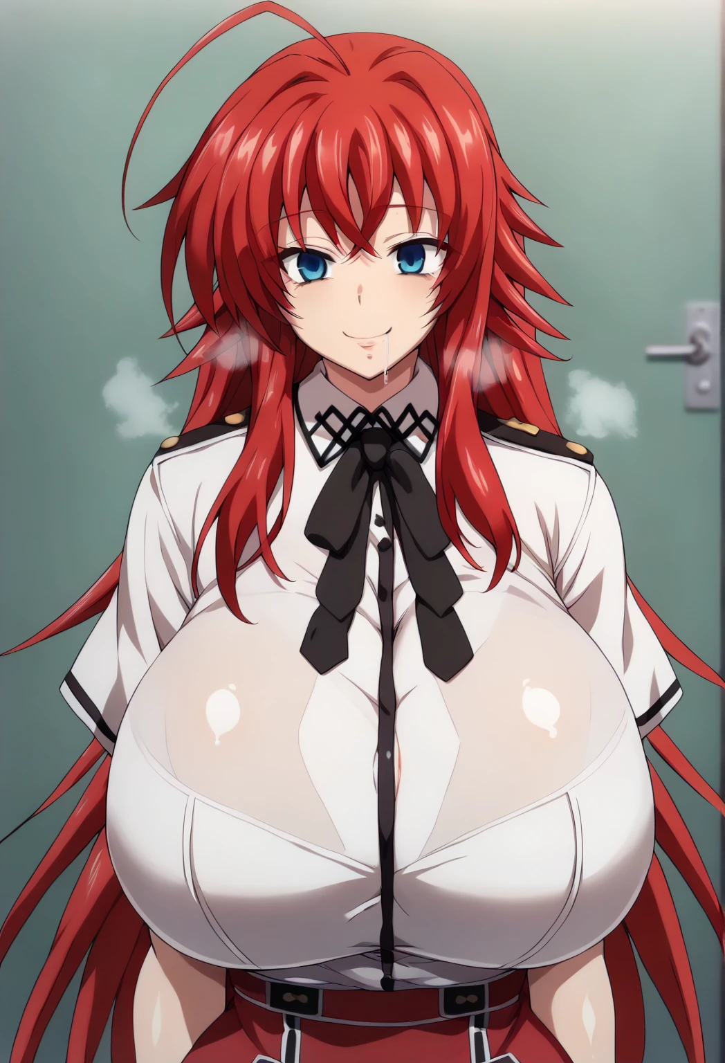 ((Perfect body,))((Super beautiful,))((High quality,)), (sweaty,) (wet all over,) blush,saliva, steam,(((Honolulu \\Azur Lane\\,red hair,red eye,military hat)))),collar,pov, Looking at Viewer,gigantic breast,nipple,fellatio,blowjob, deep throat,Titty fuck, pinch penis between breasts,paizuri,cum onm face and hair,,