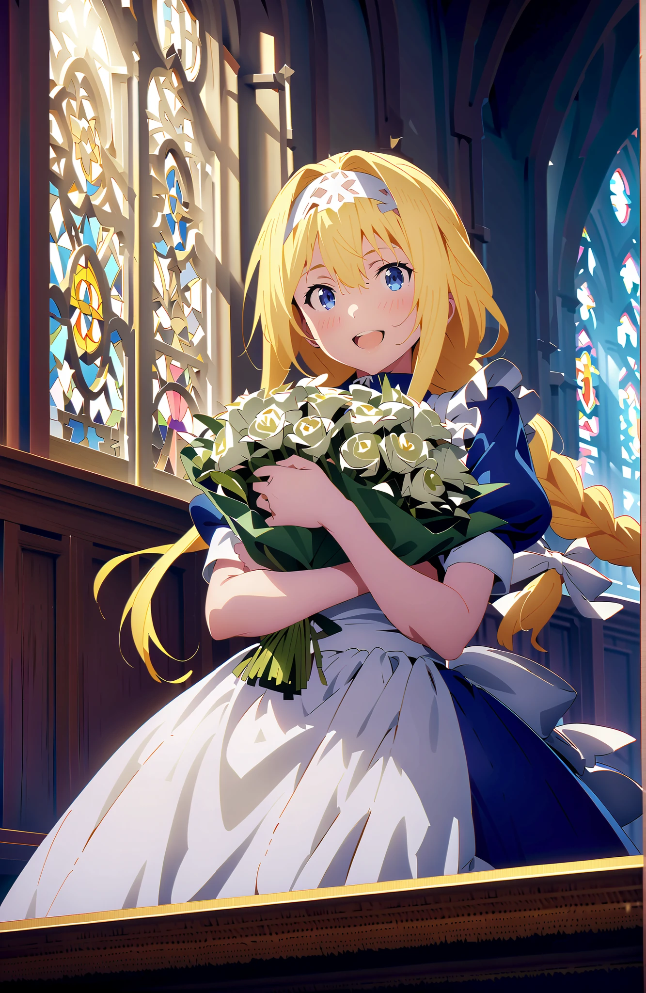 Alicesburg, Alice Zuburg, bungs,  Gold, hair between eyes, Very single braid, white headband ,smile,blush,open your mouth,
break dress, bow, ribbon, Short sleeve, frills, apron, puffy Short sleeve, Blue clothes, white bow, white apron, frilled apron,Holding a bouquet with both arms,stained glass,is standing,full bodyがillustrationsに入るように,
break indoors,church,
break looking at viewer,full body,
break (masterpiece:1.2), Top Quality, high resolution, Unity 8k 壁紙, (illustrations:0.8),highly detailed face,  perfect lighting on the table, extremely detailed CG, (perfect hand, perfect anatomy),