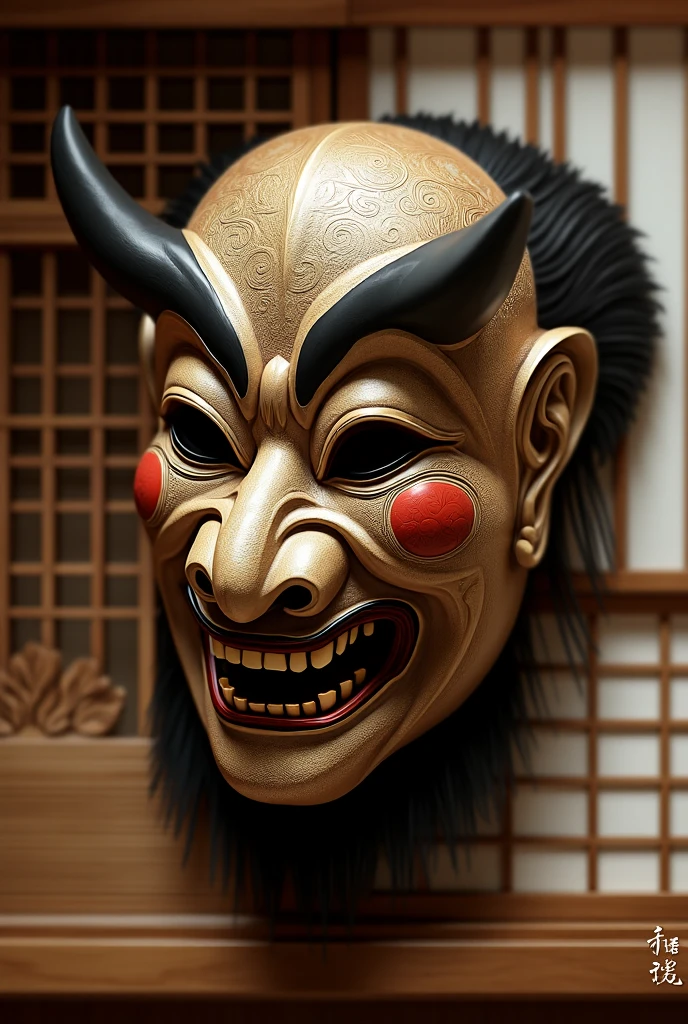 A 15th century demon mask from the Noh theatre of Japan made of porcelain, teak, ebony, ivory and gold