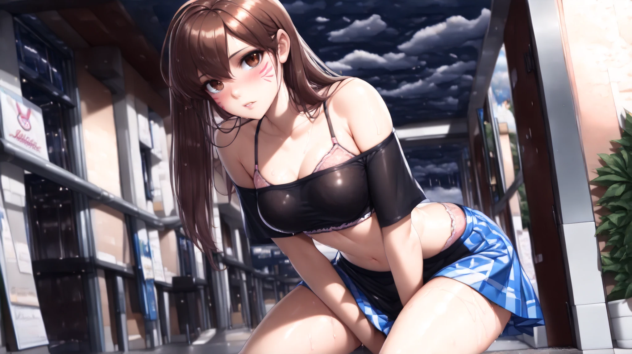 1 woman, alone, 8K, masterpiece,, Masterpiece, 8ก, (big breasts:1.5), Cute face, Not smiling , look at the audience., , (nipple:1.6), (hairy:1.8), blue panties, Show some shirts.. ,
