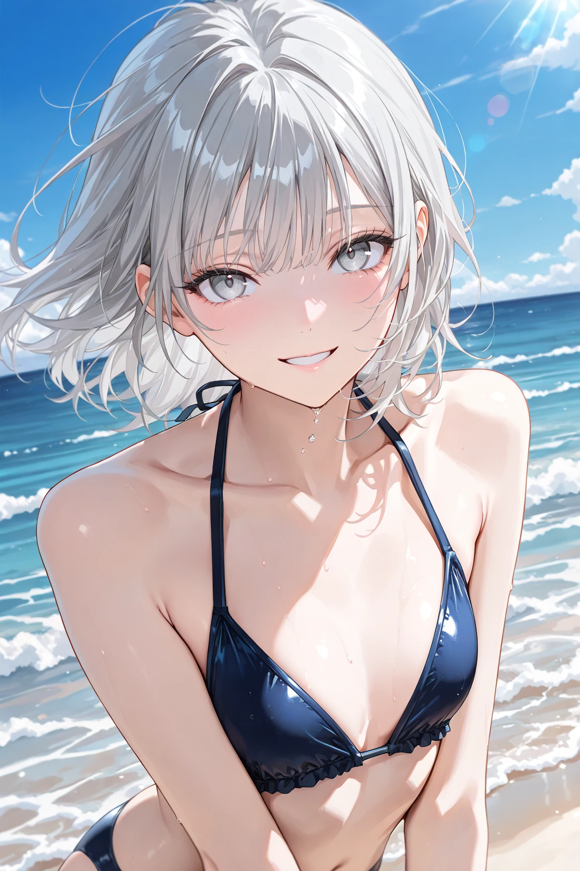 1girl、(((best quality)), ((masterpiece)), (details), masterpiece, best quality, high quality, ulutra detailed, perfect face, ((1girl, Blue eyes, cat ears: 1.3 silver bob hair: 2.5,))、Shiny Hair、Glowing Skin、Lonely face、Lustful look、I can see your toned stomach、Sideboob、Underboob、beach、Swimming in the sea、Orange Bikini、Grab the hem of the other person's clothes and make them look up、evening、