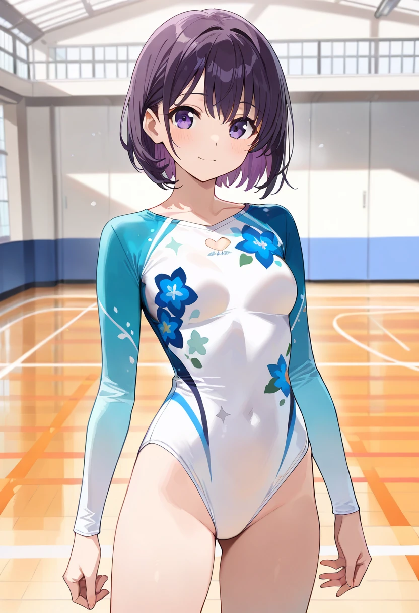 highquality illustration, masterpiece, very delicate and beautiful, attractive girl,(gymnastics leotard, Floral patterns leotard,long_sleeve leotard,high_leg leotard,athletic leotard,tight-fit leotard,iridescent gradient leotard),thin,slender body,slim,high school,gymnasium background,gymnastics club,gymnastics athlete,princess, beautiful eyes,light smile,(masterpiece, best quality:1.2), highres, extremely detailed CG unity 8k wallpaper, perfect lighting, Colourful, ultra-high res,4K,ultra-detailed, photography, 8K, HDR, 17 ages,
