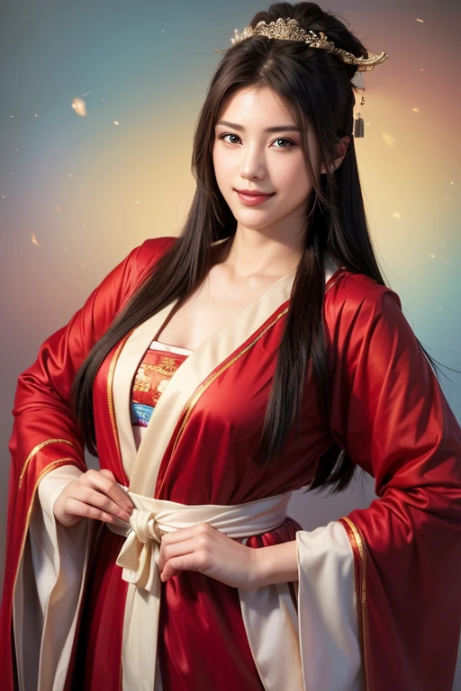 best images, (8k, original photo, actual), Clean and beautiful Korean woman, Iridescent light brown straight hair, big blue shining eyes, long eyelashes, double eyelids, red phoenix eye，Oval face，high nose，Half-open crimson, attractive and moist thick lips, big breasts, side chest, under , abdominal muscles, thin and long, Perfect proportion, whole body, Gold embroidered black ao dai, blurred background red