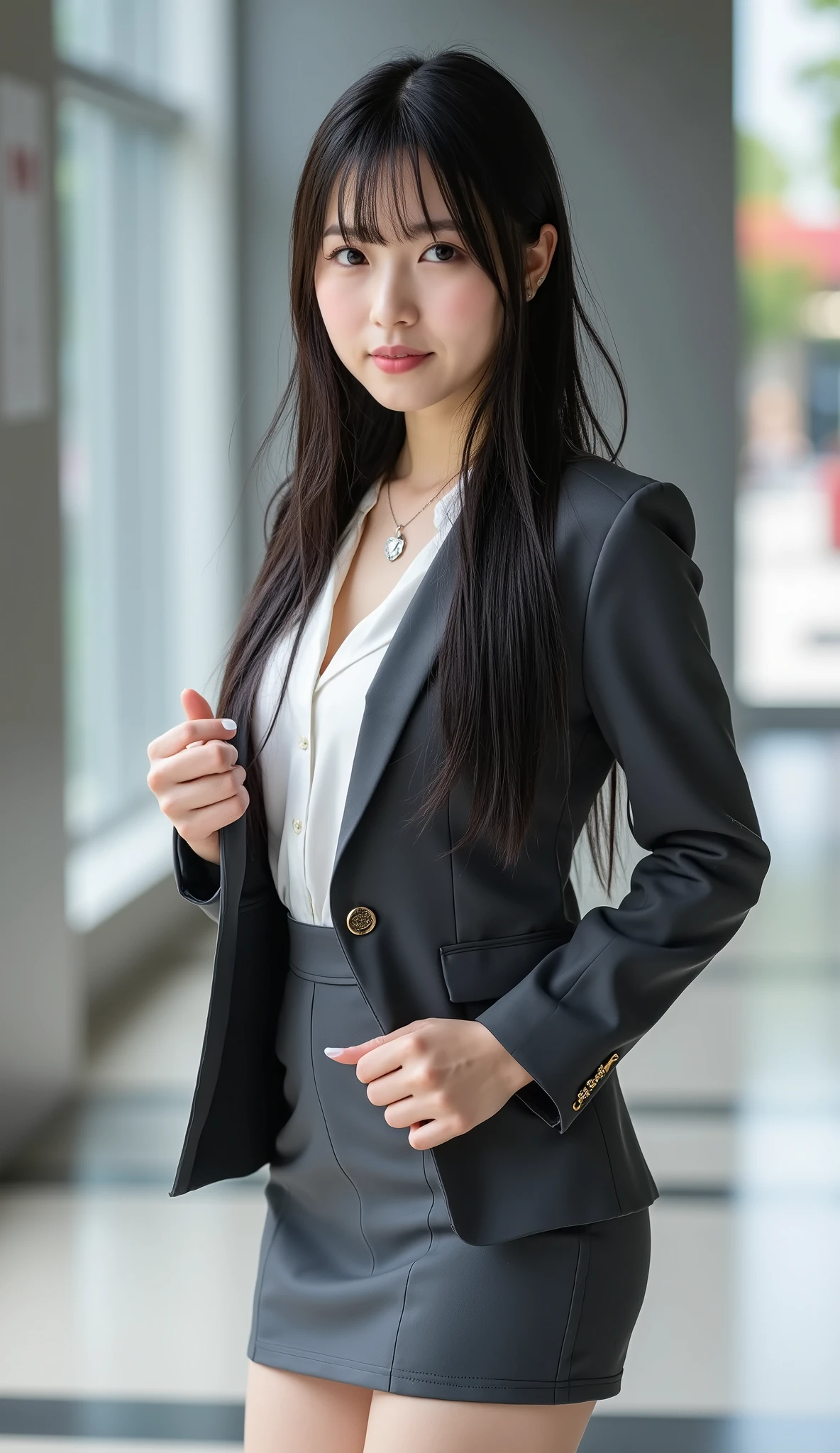 Top Quality, Sleek long black hair , professional office lady with long dark hair, model walk, detailed eye and skin texture, studio lighting for women, 30 years old, dark eyes, Elegant, medium breasts, plump lips, earrings, necklace for 1 person, Charcoal Tight Suit , white blouse, miniskirt, high heels, name tag, long sleeve, slight motion blur , light motion blur, side profile view, Composed, concentrated expression of the procedure, cowboy shot angle, full body