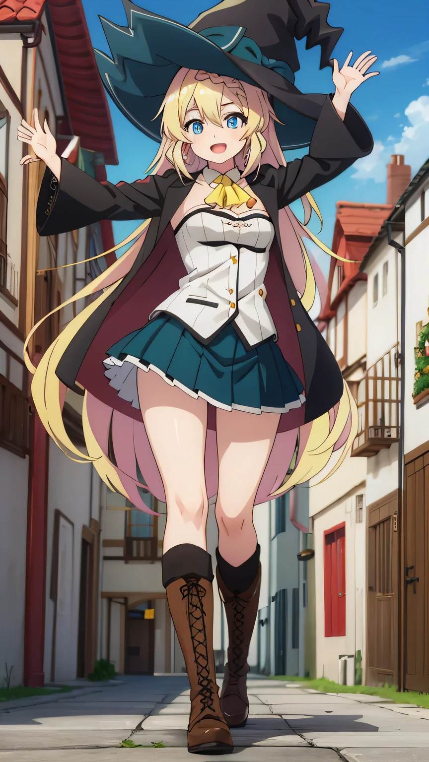 {{{masterpiece}}}, (best quality:1.5), (ultra-detailed:1.5), {illustration}, {{an extremely delicate and beautiful}}, (beautiful detailed eyes:1.6), absurdres, highres, extremely detailed face, 16k, hd, visual anime de uma jovem mulher, extremamente bonito rosto de anime, anime melhor garota, (perfect hands, perfect anatomy), anime face, Aizawa Azusa (Slime Taoshite 300-nen, Shiranai Uchi ni Level Max ni Nattemashita), aizawaazusa, long hair, blonde hair, very long hair, braid, low-tied long hair, sidelocks, hair between eyes, blue eyes, slender, medium breasts, big hips, curvaceous, BREAK, witch, witch hat, (witch coat:1.2), black coat, long sleeves, wide sleeves, juliet sleeves, open coat, white shirt, detached collar, yellow ascot, strapless, black belt, green skirt, mini pleated skirt, (microskirt:1.5), white petticoat, bare legs, brown boots, Cross-laced shoes, knee boots, lace-up boots, BREAK, A beautiful young woman smiles with her arms outstretched in a medieval European city, outstretched arms, open mouth, day, under the sunlight ,from below, sky