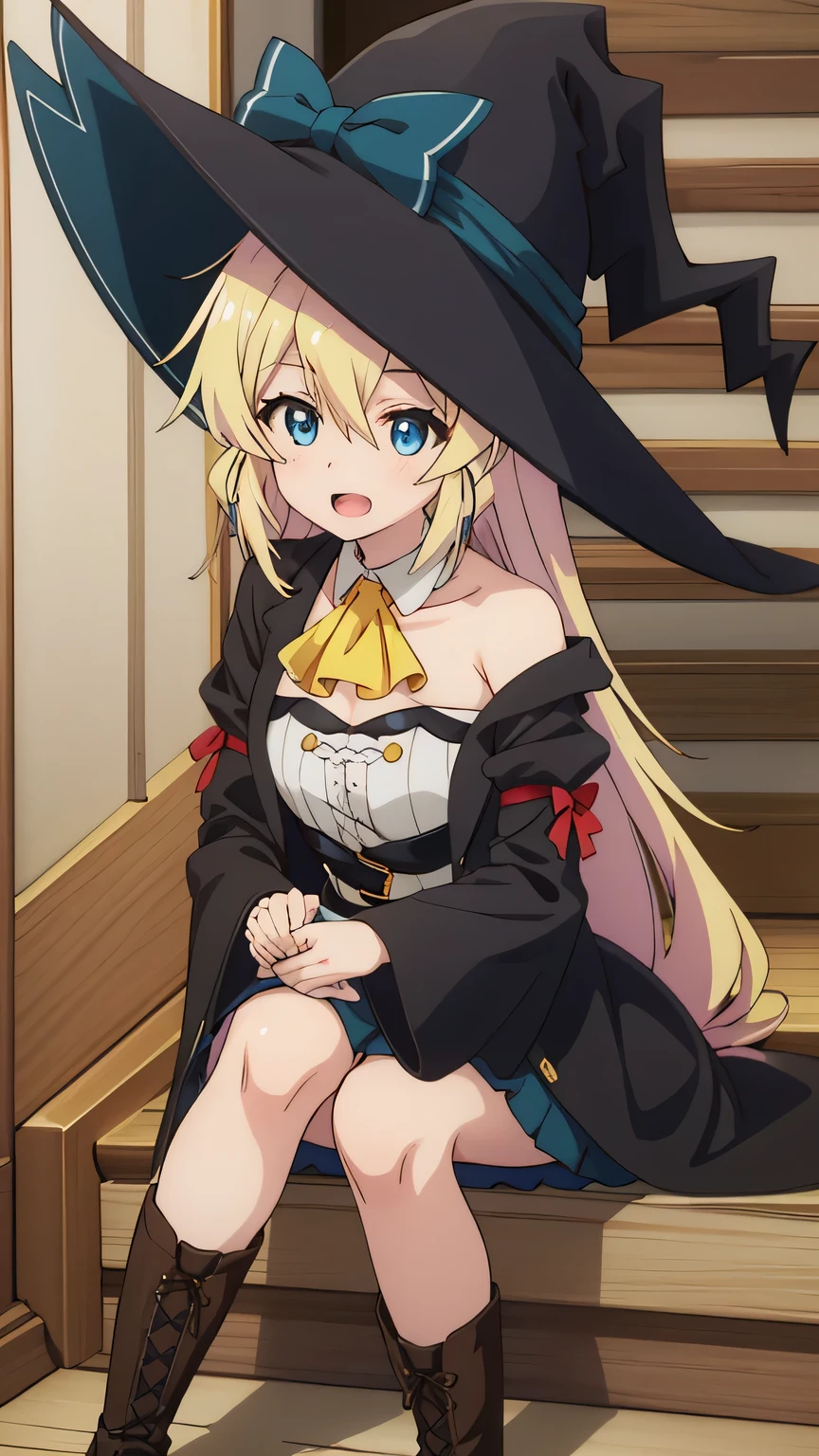 {{{masterpiece}}}, (best quality:1.5), (ultra-detailed:1.5), {illustration}, {{an extremely delicate and beautiful}}, (beautiful detailed eyes:1.6), absurdres, highres, extremely detailed face, 16k, hd, visual anime de uma jovem mulher, extremamente bonito rosto de anime, anime melhor garota, (perfect hands, perfect anatomy), anime face, Aizawa Azusa (Slime Taoshite 300-nen, Shiranai Uchi ni Level Max ni Nattemashita), aizawaazusa, long hair, blonde hair, very long hair, braid, (low-tied long hair:1.3), sidelocks, hair between eyes, blue eyes, slender, medium breasts, big hips, curvaceous, BREAK, witch, witch hat, (witch coat:1.2), black coat, long sleeves, wide sleeves, juliet sleeves, open coat, white shirt, detached collar, yellow ascot, strapless, black belt, green skirt, mini pleated skirt, (microskirt:1.5), white petticoat, bare legs, brown boots, Cross-laced shoes, knee boots, lace-up boots, BREAK, ( Sit on the stairs:1.2), face focus, open mouth, Looks happy, upturned eyes, flushed cheeks, looking at viewer, covering chest by one hand, knees together feet apart, sit