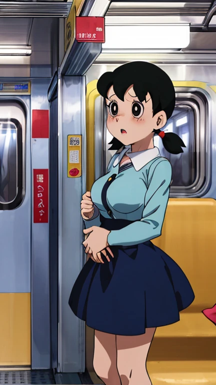 ((masterpiece)),((best quality)),ultra-detailed,illustration,Explicit,Beautiful body,Beautiful Nose,perfect eyes,perfect face,wallpaper,ultra highres,4K,photography,anime screencap,official style,shiny skin,faint lips,BREAK,nsfw,1girl,solo,Akane_tendo,Blue hair,furinkanuniform,slender,wearing white panties,BREAK,blush,angry,closed eyes,closed mouth,tears,cameltoe,lift skift,show white panties,looking  side,(cowboy shot:1.2),from behind,on the train
