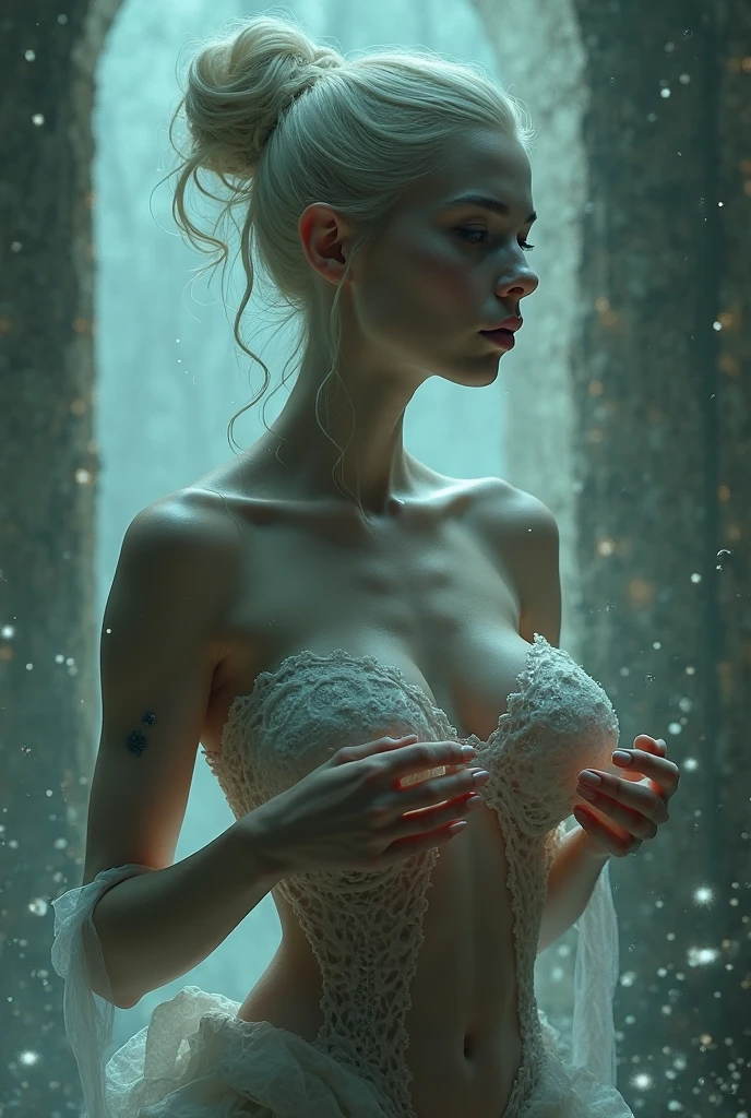 beautiful large breasts, highly detailed, hyper realistic, photorealistic, cinematic lighting, porcelain skin, flawless skin, detailed facial features, piercing eyes, lush lips, elegant pose, dramatic lighting, volumetric lighting, volumetric fog, mist, ambient occlusion, subsurface scattering, intricate details, high quality, 8k, masterpiece, award winning, digital art, concept art, chiaroscuro, cinematic composition, dramatic atmosphere, deep focus, soft glowing highlights, vibrant colors, warm color palette