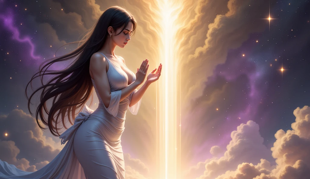 A mystical scene of a person bathed in divine light. A figure with long, wavy hair sits cross-legged in meditation, wearing a flowing purple robe. Their back is to the viewer. Above them, a brilliant, radiant light source emanates beams of golden and rainbow-hued light. The light forms a circular aura, with rays stretching down to envelop the person. The background is dark, enhancing the contrast with the luminous apparition. The overall atmosphere is one of spiritual awakening, transcendence, and connection to a higher power.
