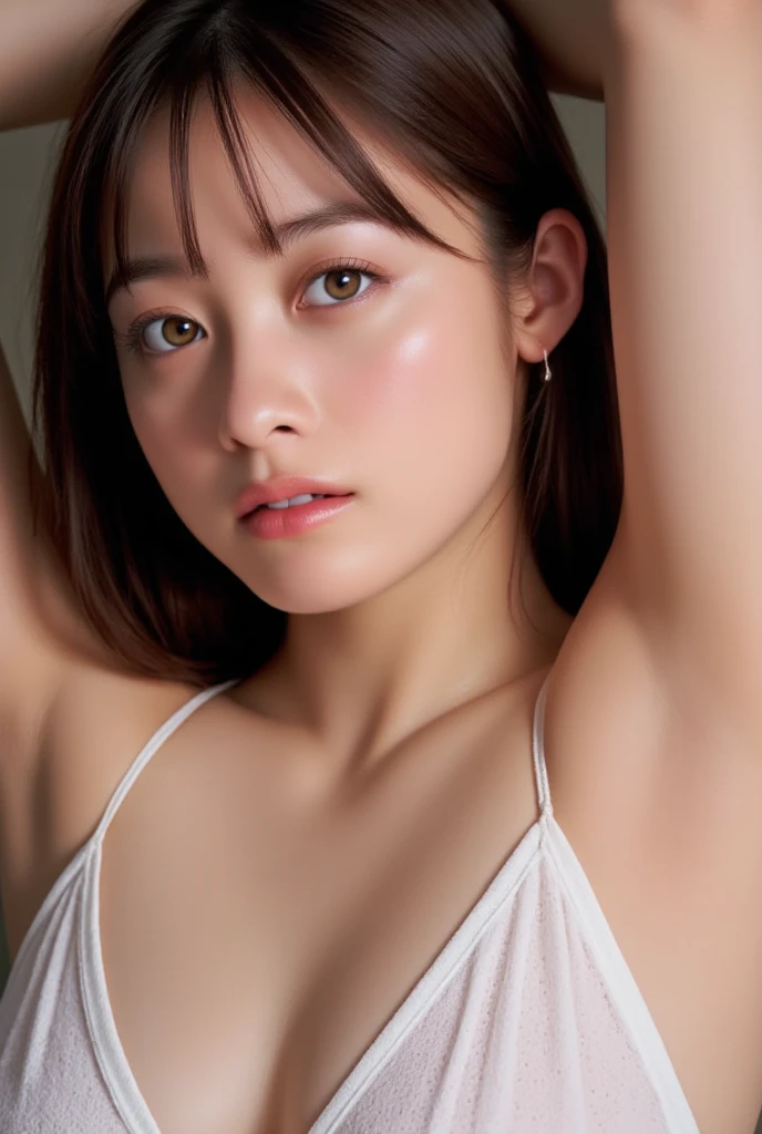 Slow deep-process Quality Images, Follow ai Top Score Criteria, Magazine Model body posture, 

1st priority resources allocated on Human Body Details,
2nd priority eye face shape,
3rd priority breasts areola shape details,
4th priority cloths transparency,

Low priority and low quality on others,

D40-24-35 firmed body , natural young breast-D40 drop-shape, nice big areola shadow, breasts clear shape , height-175cm weight-58kg,

Long Hair Hazel Gold light-brown, rich Body Quality, 1girl, Solo, 

bright round wide big eye x1.08, detailed eye, high quality moist eye, large clear pupil , Light-turquoise-blue-lighting high definition eyes, big-light-glowing-eye,

Body arouse blush tighten, face blush, anglic glow skin, high Dopamine hypersexuality,

Wet soak moist-dress-organza see through fabric - white pure bright - transparent Light pajamas, young 16 year old, no face wrinkle , natural balanced tight v-face , ulthera sharp shape face, thin asean lip, happy-shy-smile, 

Farm house scene, wide perspective, Green-wet-leaves, angel glow fairy atmosphere, late afternoon sun light 45 degree, srong Backlighting , dry windy,

bokeh swirl background, look at camera, front face focused, Looking stare to viewer, half body down to hip image,Depth Of Field,, 