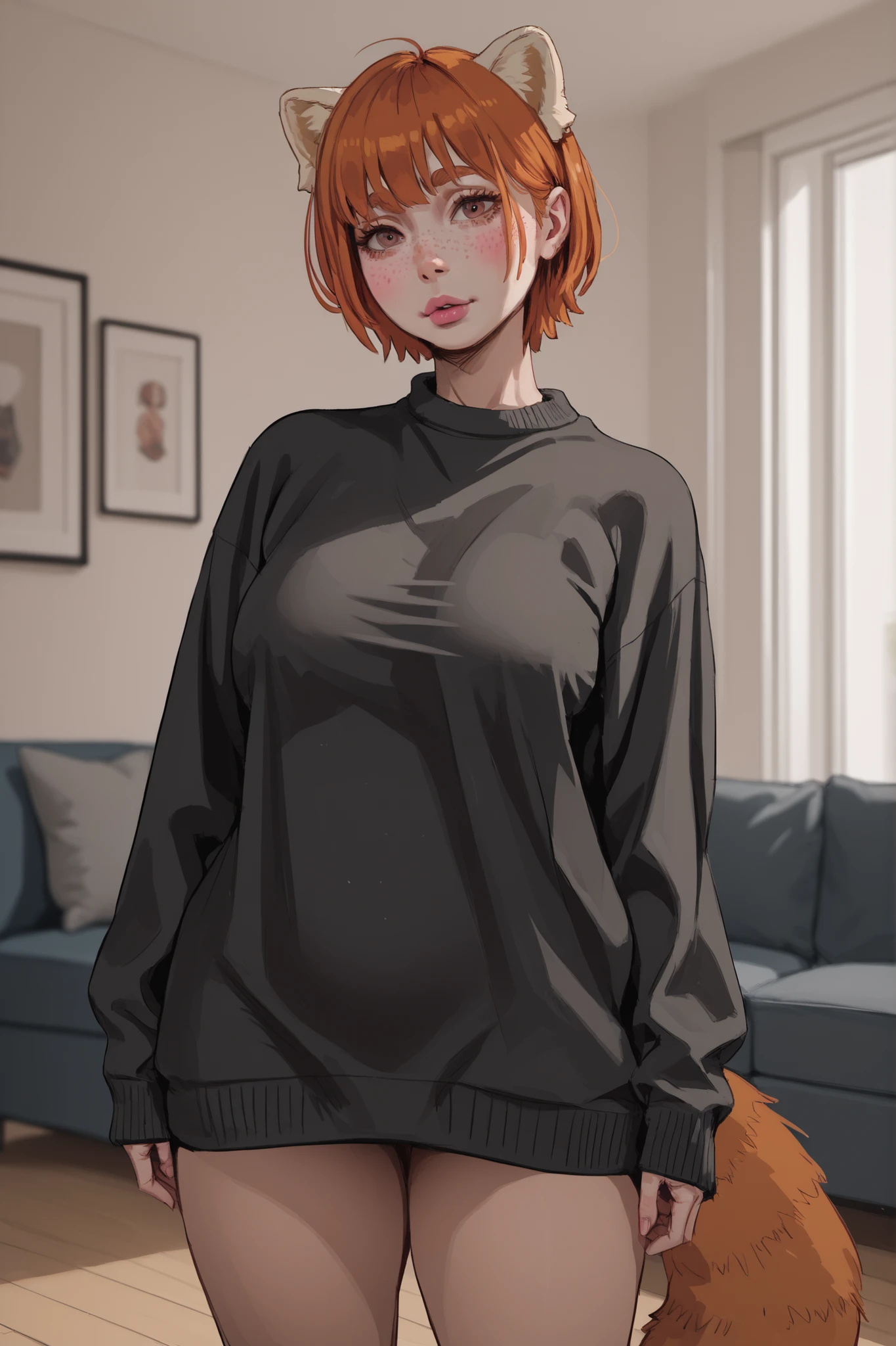 anime girl sitting on a couch with her hands on her head, thicc, anime girl wearing  a black hoodie, ginger hair, short messy hairstyle,blue eyes, beautiful face with freckles, full body portrait of a short!, [ 4 k digital art ]!!, marin kitagawa fanart, large thighs, high quality portrait, !!full body portrait!!, sitting on the couch