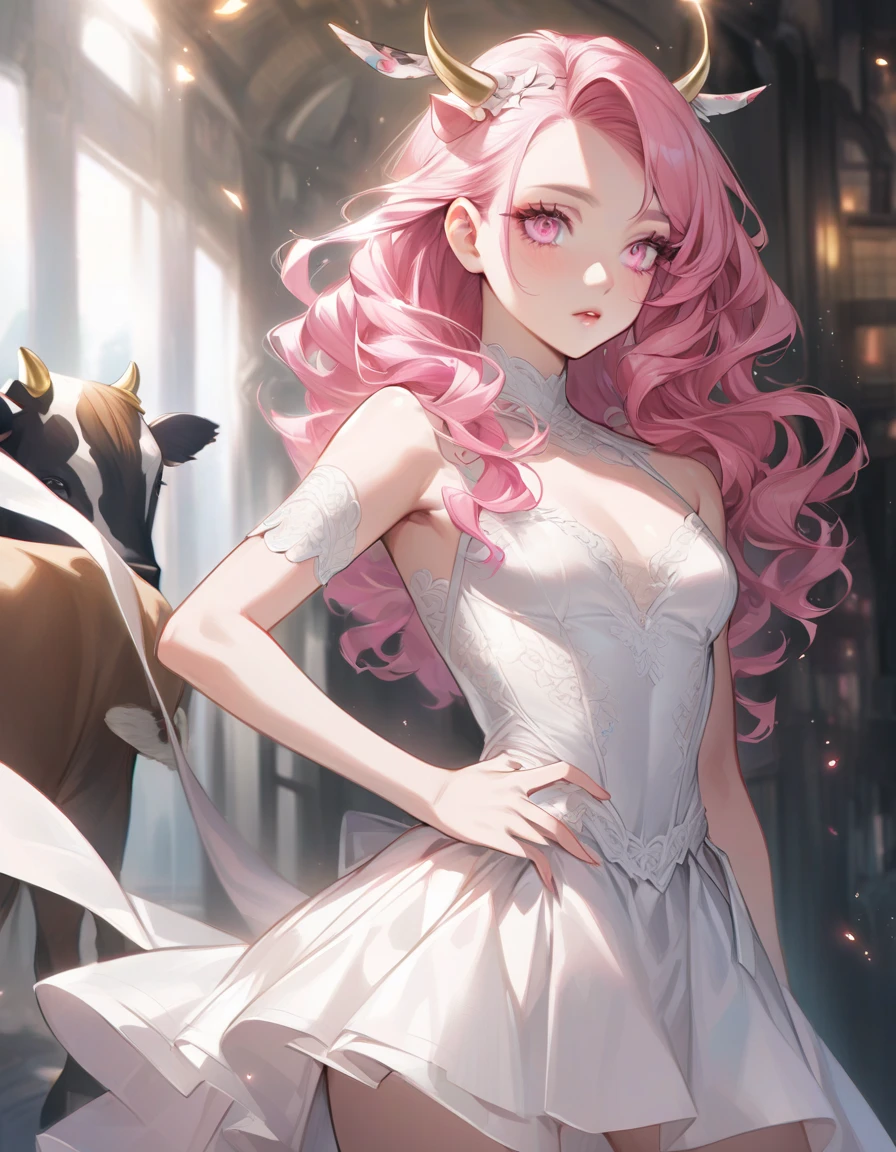 Pink long hair, sexy, yellow eyes, cat ear, full body