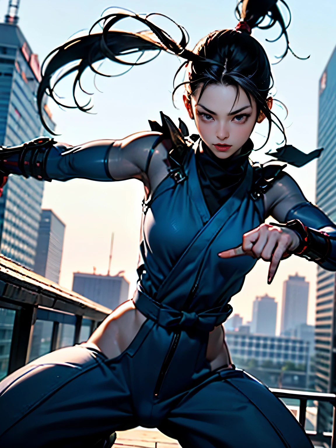 (Surrealism, retina, masterpiece, accurate, anatomically correct, super detail, best quality, 8k, extremely precise in every detail, beautiful detailed glow, beautiful attention to detail, beautiful detailed eyes:1.3), a girl, 18-years-old, slender, (wearing decorated glossy black Ninja-suit:1.1), on the Rooftop of a building, (Combat Stance , fighter pose:1.2), Kunoichi, Female Ninja, heroic thrust-kick, (anatomically correct fingers, anatomically correct hands:1.3), day time