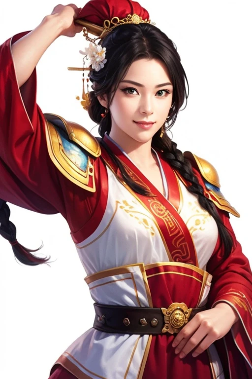 Adult woman, brown hair in bun, dragon horns, blue eyes, red chinese dress, cloak, spear, dragon, Gold inserts, red lipstick, Masterpiece, hiquality