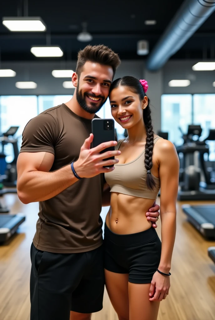 (Photorealism) a woman with a topper and short leggings, wearing round glasses, taking a selfie in front of the gym mirror with her handsome, fit boyfriend who is only wearing shorts.