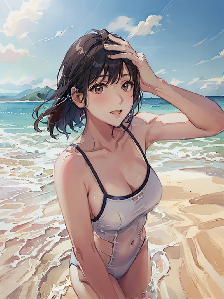 (Sexy girl:1.3, wet at the beach:1.2, in swimsuit:1.2, beach scene), high saturation, sunset view, Warm light, dynamicpose, Dramatic atmosphere.