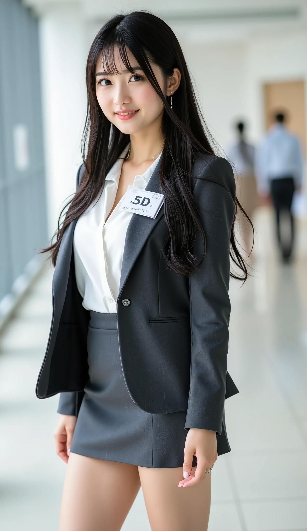 Top Quality, Sleek long black hair , professional office lady with long dark hair, model walk, detailed eye and skin texture, studio lighting for women, 30 years old, dark eyes, Elegant, medium breasts, plump lips, earrings, necklace for 1 person, Charcoal Tight Suit , white blouse, miniskirt, high heels, name tag, long sleeve, slight motion blur , light motion blur, side profile view, Composed, concentrated expression of the procedure, cowboy shot angle, full body