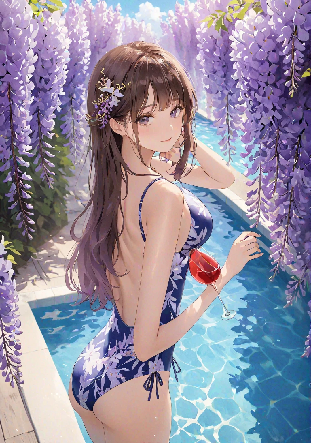 solo, smile, <lora:MaryHunt:1> MaryHunt, hair flower, <lora:OneShoulderOnePieceSwimsuitV1:0.85> one-shoulder one-piece swimsuit, black one-piece swimsuit, lake, flowers,, ultra detailed, masterpiece, best quality, aesthetic, detailed,