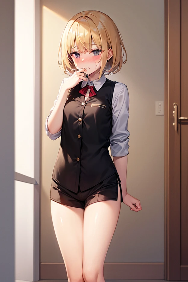 (masterpiece, Highest quality), (夜のdark森), One Girl, young teen, Black gymnastics bloomers, High leg、School Shirt, Jewel-like eyes、whole body、Blonde Long Hair、(Black gymnastics bloomers)+(White collared blouse)、Put your hands behind your back、Cowboy Shot、solo、Umbilical cord、Bare Belly, Thigh height standing in night forest, Looking up at the forest、Anxious expression, Emotional, Wide-angle, dark, Best Shadow, watercolor,