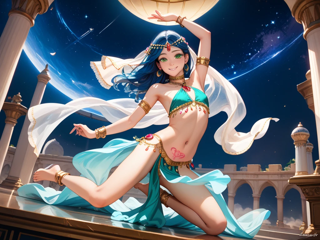 ((highest quality)), ((masterpiece)), (be familiar with), perfect face,Egyptian Belly Dance- Anime,medium breasts,beautiful feet,beautiful legs,sweaty,