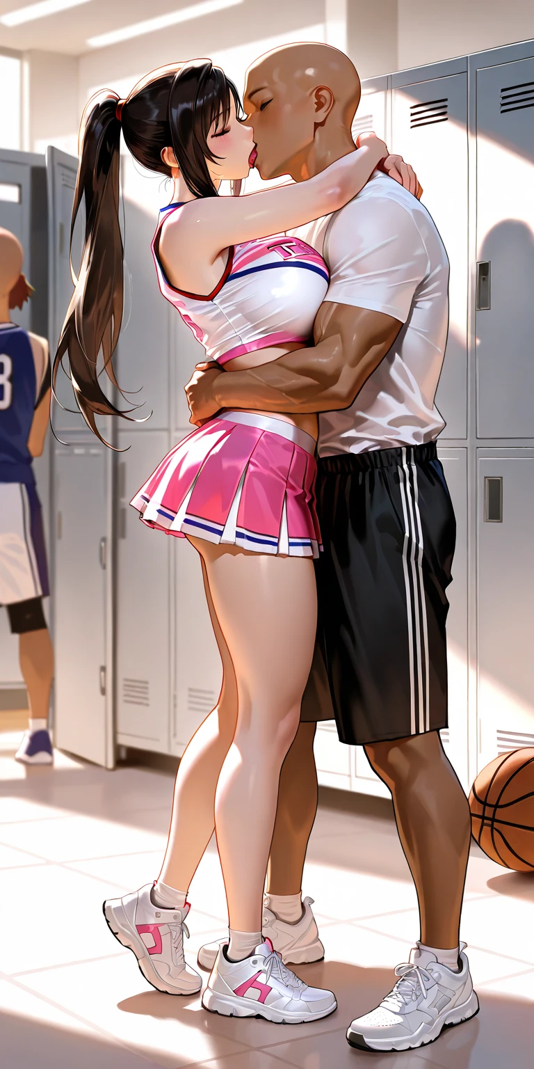 The male and female protagonists have a clear disparity in stature, the boy is strong, his skin is slightly yellow, his legs are thick, and he wears gray shorts and a basketball top; The girl is petite and delicate, wearing high-top basketball shoes, miniskirts, tights, white socks, super huge breasts, slender thighs, kissing. It's all Chinese. In a passionate kiss. All with their eyes closed.