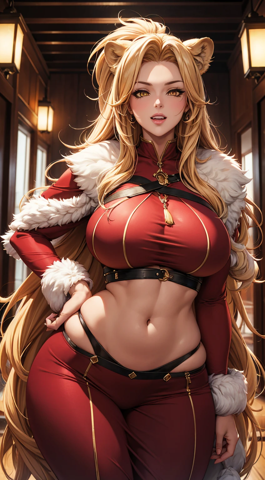 Sexy chica de grandes nalgas y pechos enormes, esta sentada en la nieve. Ella tiene disfraz de santa Claus. Ella esta mirando seductoramente.