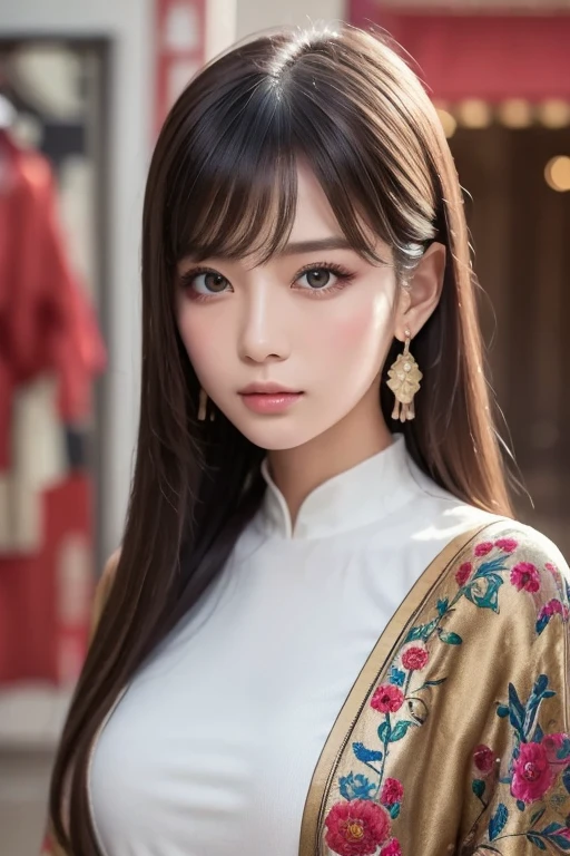 ((masterpiece)), ((highest quality)), (Super detailed), ((cute)), cute, (Lovely), ((sexy)), (device), ((very detailed)), 4k, (8K), highest quality, (beautiful), figure, dynamic angle, in the middle, fold your arms, city, forest, evening, winter, Beautiful woman, alone, sacred costume, beautiful blue hair, beautiful brown eyes, ((beautiful eyes)), long hair, lip, hair ornaments, earrings, necklace, blush, Lens flare, snow effect, shiny