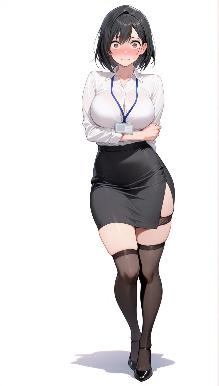 masterpiece, best quality, high detail, 1girl, standing, mediumbreasts, beautiful background,(black pantyhose),(good legs), good hands ,pencil skirt, good eyes,(beautiful purple eyes), touching her breasts, (platinum hairs), hands on the chest,bunbun, good knees, bottom view,high heels, <lora:bunbun_style:0.66>